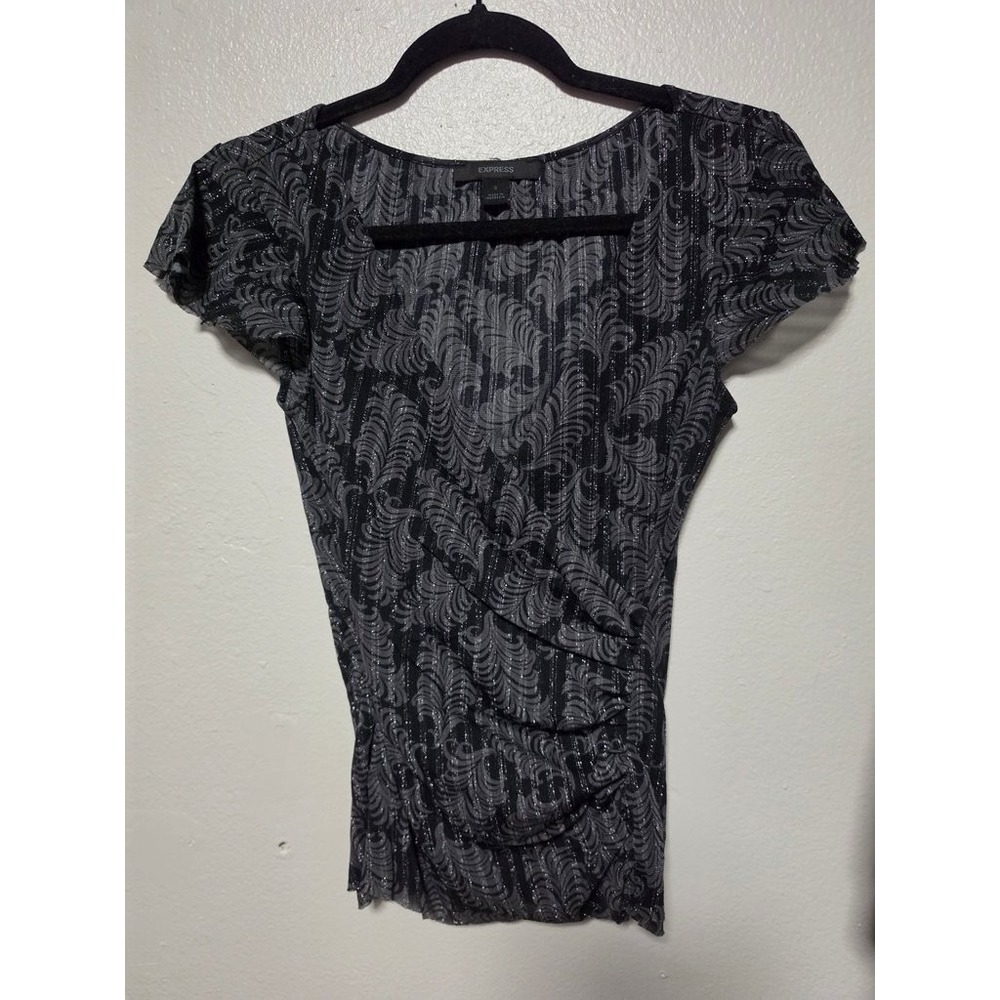 Express Womens Short Sleeve Patterned Faux Wrap Top Black Gray Small